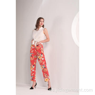 Pantalones de tobillo con estampado floral tropical para mujer